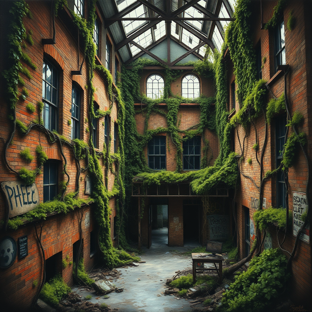 A once-thriving psychiatric hospital now lies in ruins, consumed by tangled vines and shattered windows, exuding an unsettling aura of desolation. Shadows loom ominously through the darkened hallways, hinting at the building's dark past. This vivid image, depicted in a detailed painting, showcases the decaying facade adorned with intricate details: moss-covered bricks, twisted metal, and eerie graffiti intertwining with the overgrowth. The artist's skillful rendering conveys a sense of eerie beauty amidst the decay, inviting viewers to explore the haunting history of the abandoned institution.