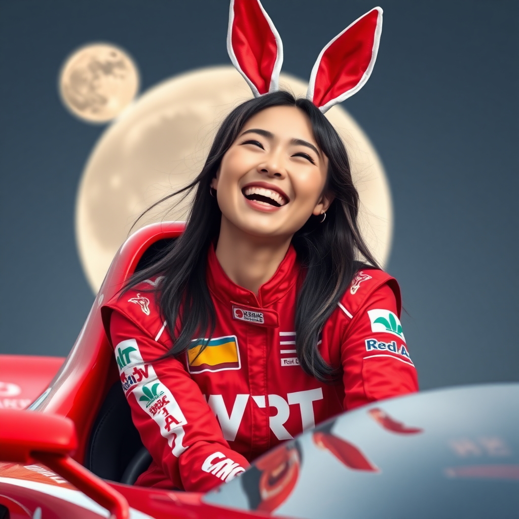 The red racing car has "WRT" written on it. A beautiful Chinese female racer, wearing rabbit ears on her head, is laughing. Her racing suit also has "WRT" printed on it, and the background features a gigantic moon.