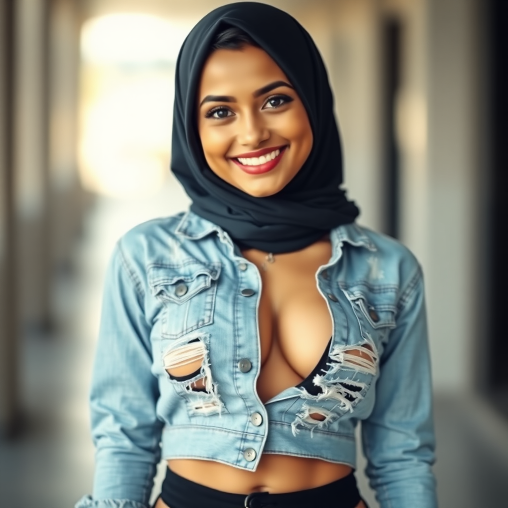 The image is a photograph of a young woman with a South Asian ethnicity, She has a bright, cheerful smile and is wearing a bold, eye-catching outfit. Her hair is covered by hijab, which complements her dark eyes and smooth, olive-toned skin. Her outfit is a provocative, distressed denim-style top with multiple tears and rips, exposing parts of her midriff and cleavage. The top is a pale blue color with black accents. She also wears black, high-cut bikini-style bottom thongs.