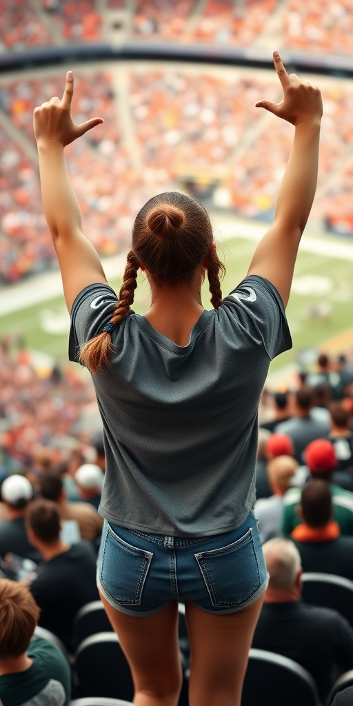 Attractive female NFL fan, pigtail hair, arms raised, hollering, jumping in the bleachers, crowded, NFL stadium