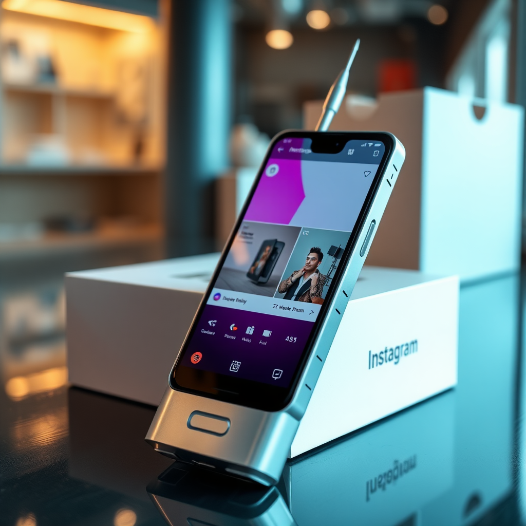 A close-up straight front view of a mobile phone in the shape inspired by a syringe, metallic futuristic, kept for sale leaning to a box, in a showroom, metallic body, touchscreen phone with Instagram page open on the screen, needle on top, whitepunk.