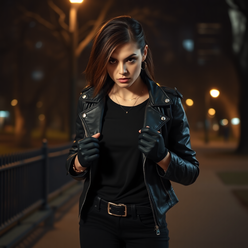 A beautiful angry female burglar in black leather jacket over black t-shirt with black pants and gloves in Manhattan park at night.