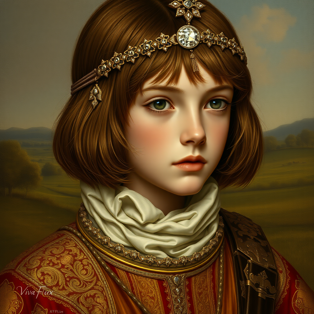 16yo teen boy prince, long bob cut, embroidered with gold and diamonds medieval cloths, diamond diadem, and Beautiful War. Free style by 50% Adolphe William Bouguereau, Academic realism and 20% Sandro Botticelli, early Renaissance and 30% Otto Lomüller, Boy Scout photorealism. The background is in the style of landscape style by Antonio del Polaiolo, Generating the signature at the bottom: Viva FLUX and Bach, ultra high resolution, 16K,