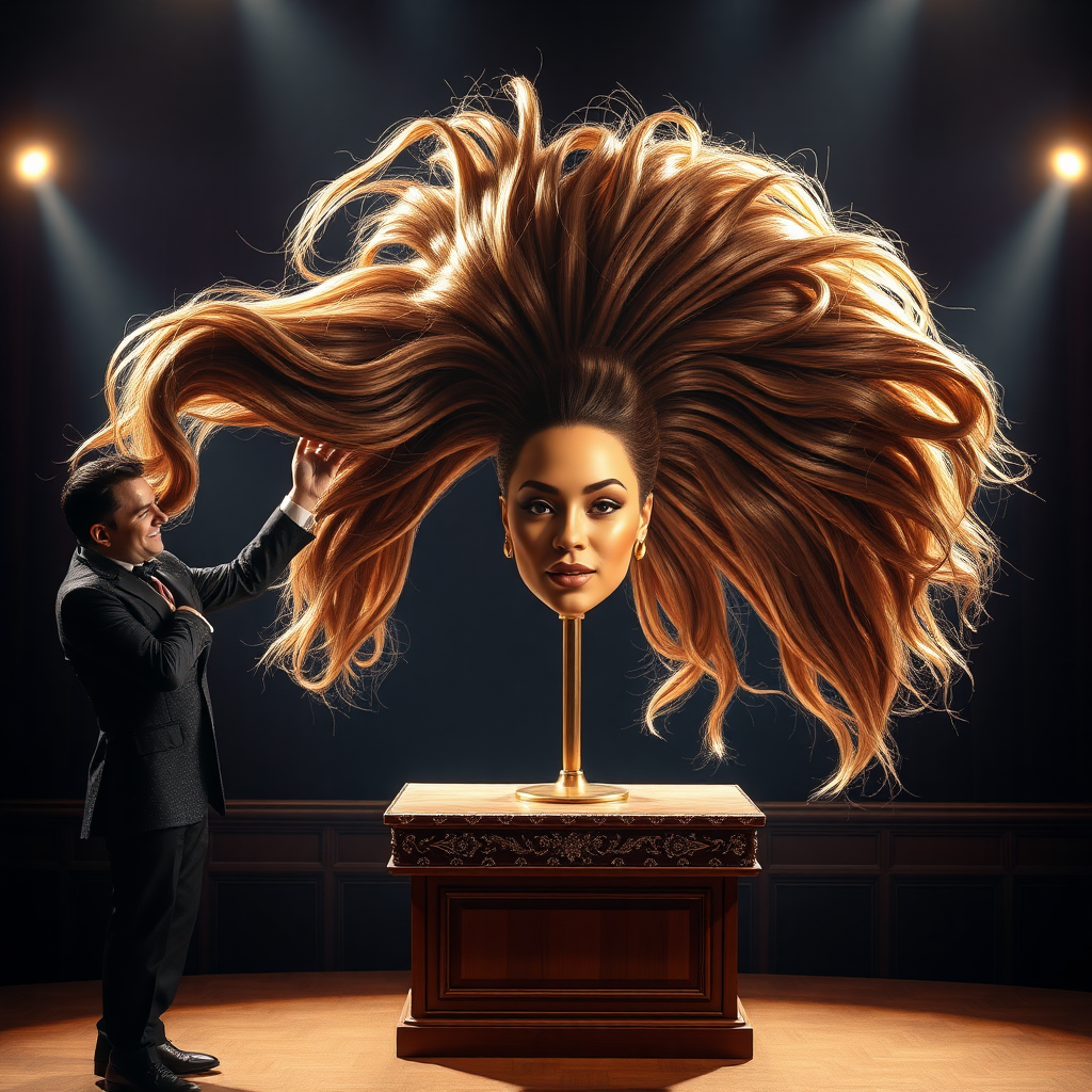 In a dimly lit theater, the atmosphere crackles with anticipation, the audience's murmurs a blend of curiosity and skepticism. On a grand, elegantly adorned display stand sits the disembodied head of the enchanting Beyoncé, her radiant skin glistening under the soft, warm glow of the spotlight. Her striking features are perfectly framed by cascading locks of lustrous, very long hair that shimmer with hues of light brown and hints of rich mahogany, reminiscent of polished silk.

Standing beside her is the magician, a charismatic figure in a sharp, tailored suit that glints with sequins in the light. With theatrical flair, he holds her voluminous hair aloft, fingers splayed wide, deftly spreading it out like a shimmering waterfall, mesmerising the audience. The hair flows like liquid night, each strand capturing the light as it falls gracefully to the ground, creating a stunning, almost surreal contrast against the stark wooden stage.

The magician’s face is lit with a confident smile, his eyes sparkling with the thrill of the performance, as he engages the audience with playful banter. Their gasps and laughter echo throughout the room, a symphony of wonder and disbelief. The scent of polished wood and fresh popcorn wafts through the air, mingling with the underlying electricity of the moment. Time seems to stand still as the audience leans in, captivated by the spectacle, a seamless blend of illusion and artistry that promises to defy reason and ignite imagination.