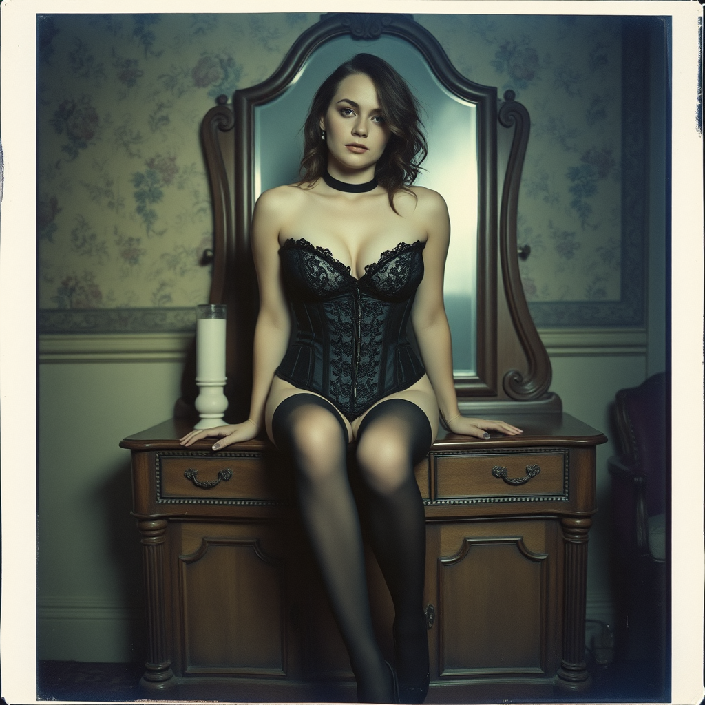 Scan of an nsfw old polaroid photograph with visible wear and heavy vignetting and blue color tint and light leaks, depicting a sexy pale curvy alt goth girl wearing a black lace cupless underbust corset revealing her nipples and wearing black stockings and high heels, sitting on a builtin vanity with mirror in old house with wallpaper on walls with her knees parted. Camera flash used. Dark lighting. Moody and hazy. Grunge look. Erotic. Nude