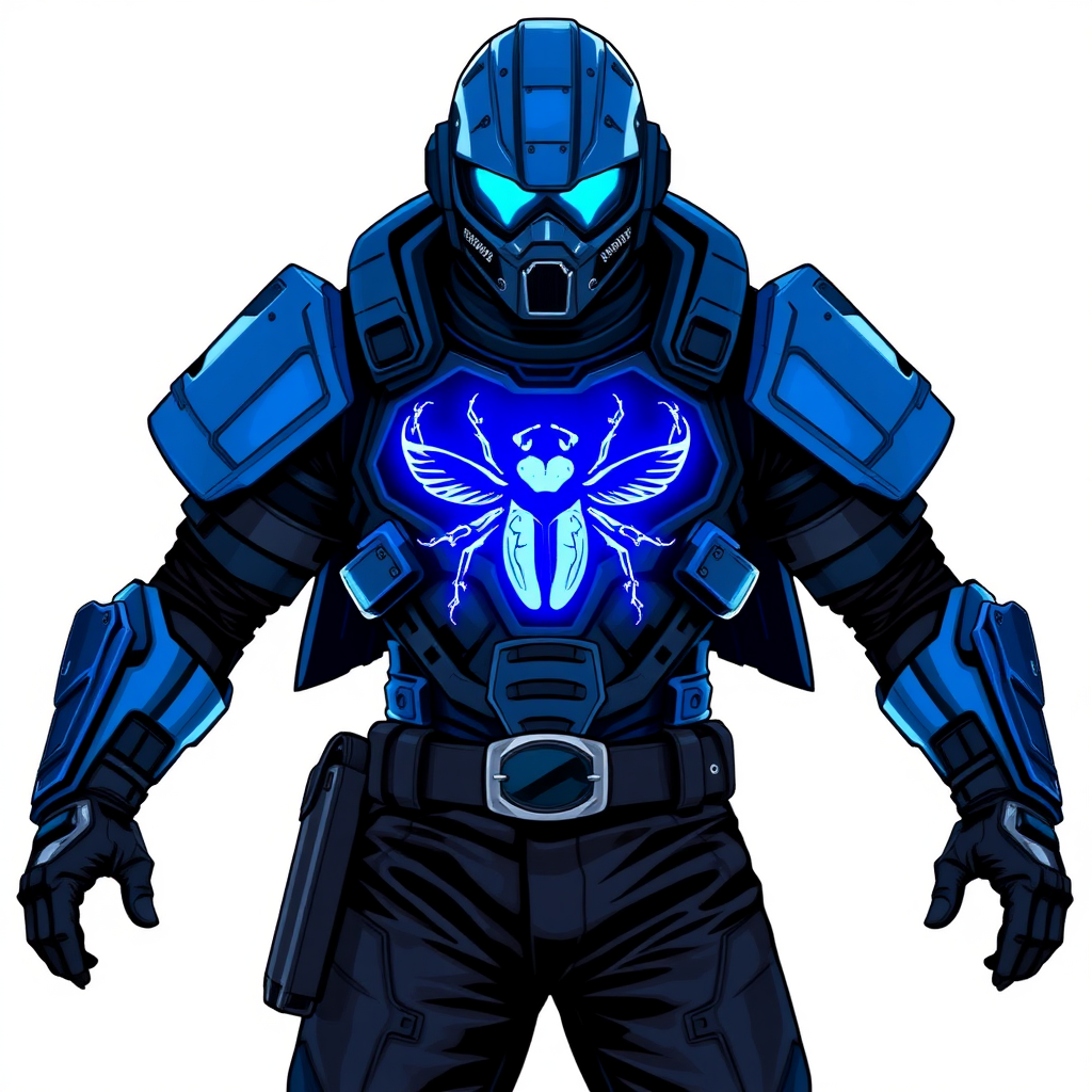 A 28-year-old cyberpunk vigilante stands heroically, clad in high-tech, maximum blue body armor featuring a neon blue glowing beetle on the chest. They wear black biker pants, a black belt with a sapphire beetle buckle, and a head covering helmet resembling a sleek, tactical design, but colored maximum blue with neon blue glowing lenses. Their hands are protected by black metal gloves, all set against a solid white background. He is drawn as if he was in a retro 2D cyberpunk fighting game.