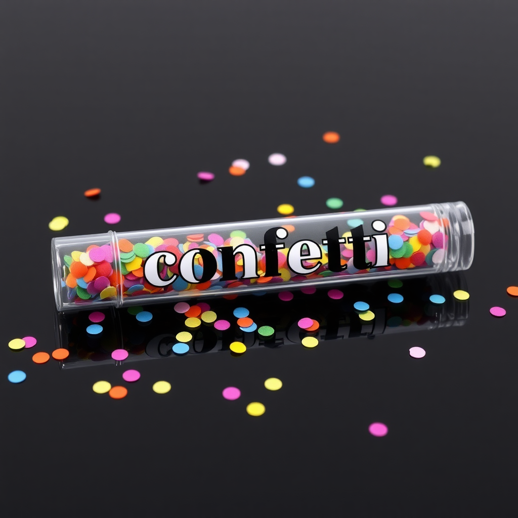 A photo of a glass fat transparent plain uniform confetti popper tube with colorful confetti inside and with text "confetti" on it, lying flat at an angle on black glossy surface, with confetti around it, white bold text with a black border, reflections on the tube glass, tube closed from both ends