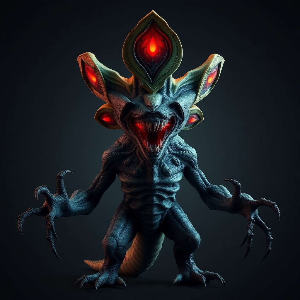 Create a terrifying, humanoid monster with a hulking, muscular body, roughly 9 feet tall, covered in scaly, reptilian-like skin, featuring long, spindly arms, sharp razor-like claws, and a distinctive flower-like head with four petal-like openings that reveal rows of jagged teeth, glowing with an eerie, bioluminescent red light.