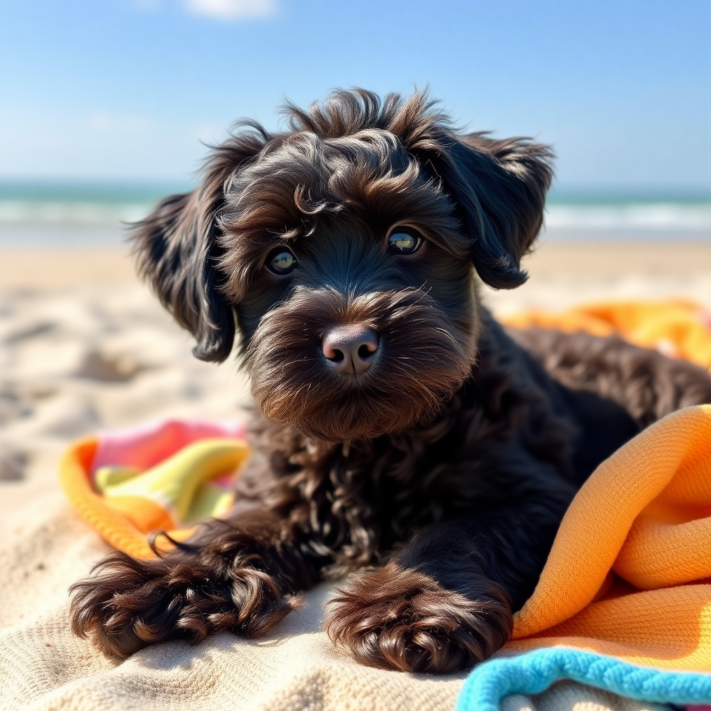 cute dark chocolate colored cockapoo, laying on super soft towels on the beach, with the Boxcar Children