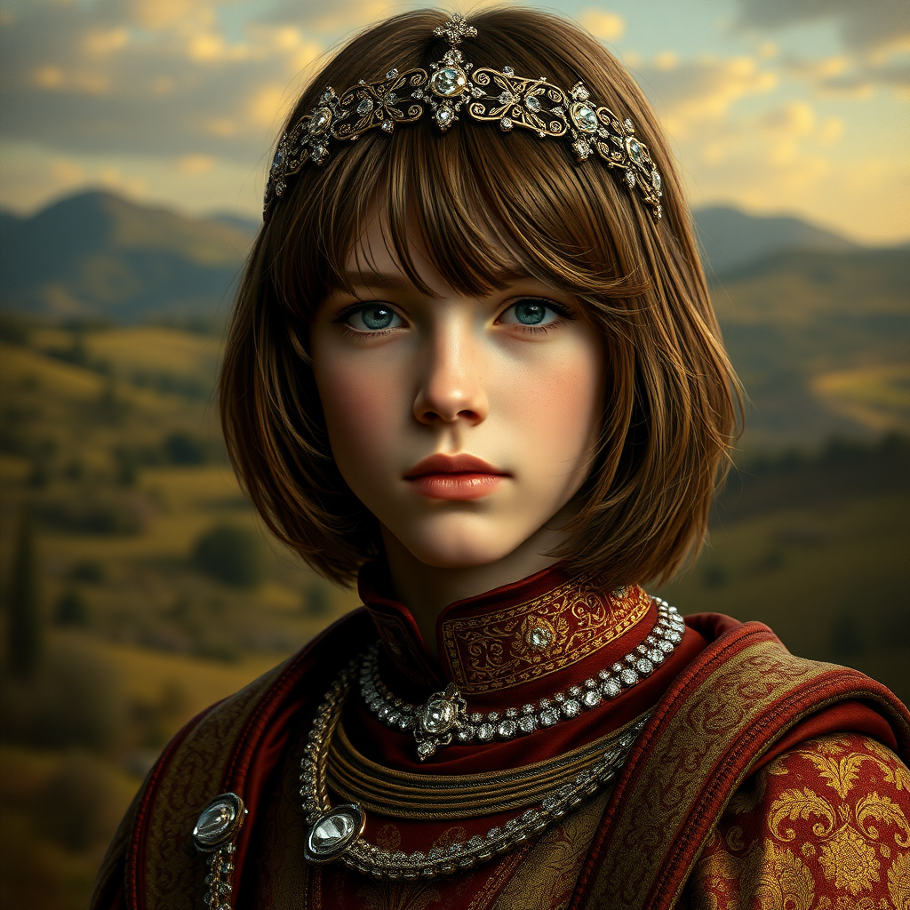 16yo teen boy prince, long bob cut, embroidered with gold and diamonds medieval cloths, diamond diadem, and Beautiful War. Free style by FLUX photorealistic. The background is in the style of landscape style by Antonio del Polaiolo, ultra high resolution, 16K,