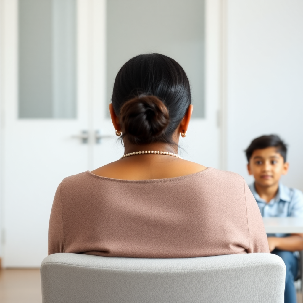 A female counsellor of Indian descent, sitting in a chair, facing a table. Sitting behind the table is a young person. The camera is behind the counsellor.