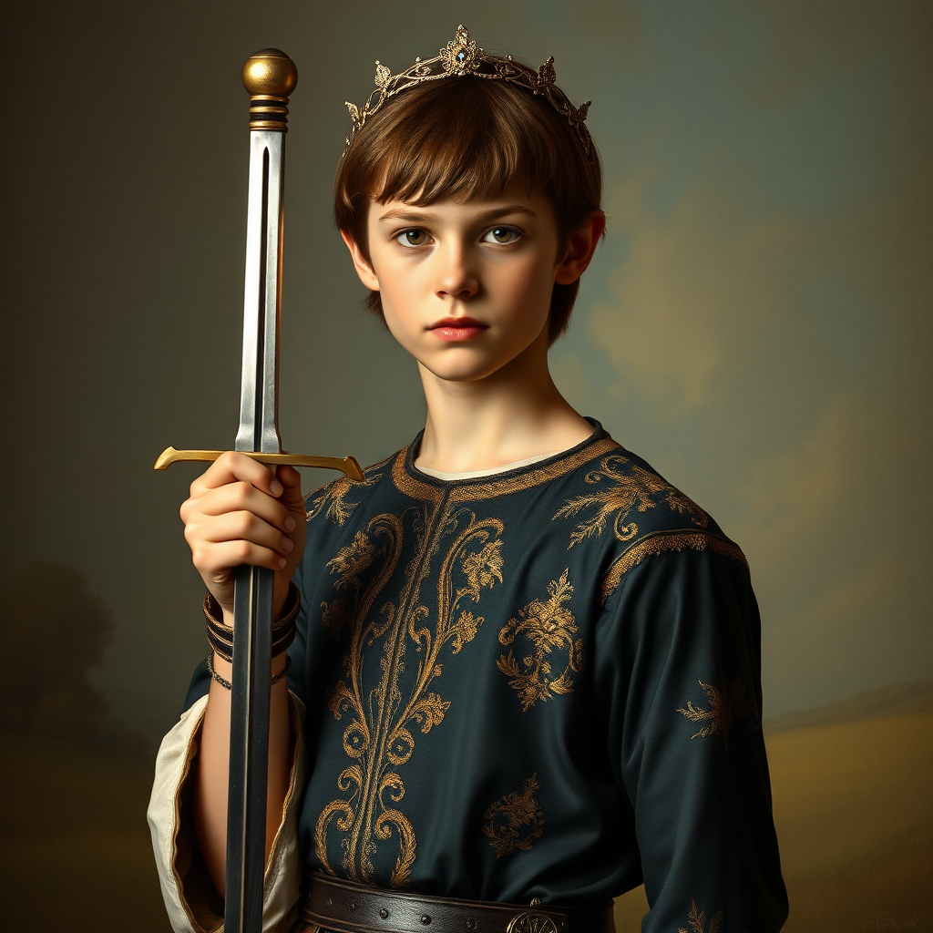 16yo teen boy prince holds his one small sword in a scabbard in his right hand by the hilt, long bob cut, embroidered with gold and diamonds medieval cloths, diamond diadem, natural Skin Texture, visualization of embossed Skin using the play of light and shadow. Free style by 50% Adolphe William Bouguereau and 15% Sandro Botticelli and 35% Otto Lomüller, The background is in the style of landscape style by Antonio del Polaiolo. Studio lighting, professional lighting. Generating the signature at the bottom: FluxBach. 16yo teen boy prince, right hand, holds, the hilt of the sword small sword, scabbard, ultra high resolution, 16K, ultra detailed photograph, 'lightgoldenrodyellow'