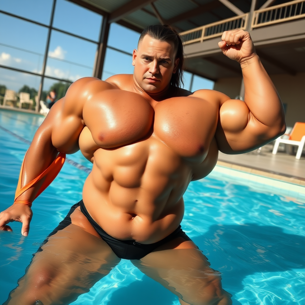 massive huge muscular jacked bodybuilder girl, swimming pool