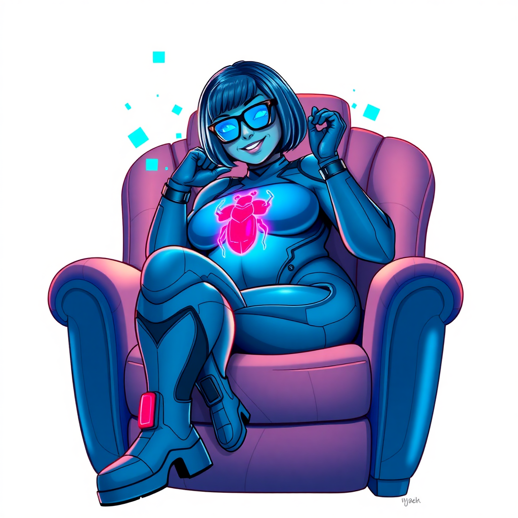 A heavily, extremely, and intensely pampered nerdy full-figured middle blue skinned digital sidekick, a 28-year-old computer major, has been transformed by her doting vigilante boyfriend. Her middle blue skin and bob cut seamlessly integrate with her data, and her neon blue eyes glow with intelligence. Her physique, now showcasing a gargantuan round midsection, massive limbs, and broad shoulders, contrasted by a slim face, clearly reflects her indulgence and pampering. Her full figure is prominently highlighted, with her gargantuan, rounded midsection and massive limbs emphasizing her pampered status. As the loyal and supportive sidekick, she plays a crucial role in their missions, using her digital prowess to assist and protect.

She wears a digital maximum blue bodysuit, featuring a glowing neon blue beetle chest icon, digital maximum blue boots, and matching high-tech gloves. She bashfully giggles with a neon red blush, emitting neon blue data cubes from her body. Her full figure, now gargantuan and heavily emphasized by her nerdy appearance, clearly shows how pampered she is. Her nerdiness is accentuated by her black oversized eyeglasses.

Her outfit, influenced by DC’s Jennifer Knight Phantom Lady, remains distinct. Adding to her pampering, she serves as his minicomputer, traveling in his high-tech wristwatch and supercar’s computer system. Using her ability to hack into computers and machines, she relays crucial knowledge relating to his missions.

In her new pose, she sits comfortably on a plush, high-tech maximum blue chair with one leg crossed over the other, her oversized glasses slightly askew as she adjusts them with a bashful smile. Her relaxed posture and content expression, combined with the glowing data cubes around her, clearly reflect her status as a heavily pampered, nerdy digital sidekick. Her gargantuan, rounded midsection and massive limbs are prominently displayed, emphasizing her indulgence and pampering while maintaining her nerdy physique. She is on a solid white background. She is drawn as if she was in a retro 2D cyberpunk fighting game.