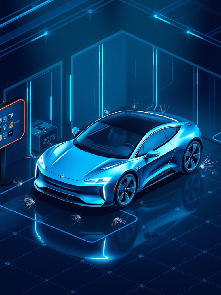 Draw an electric car in isometric view, high quality, very detailed, cybernetic around the electric car displayed in the showroom, and draw the background with a cybernetic and mysterious look like the movie "Tron", make the overall color dark blue for luxury, draw the electric car in the center of the layout and make the size of the electric car 1/5 of the screen size, create sparks around the electric car to make it look cool.