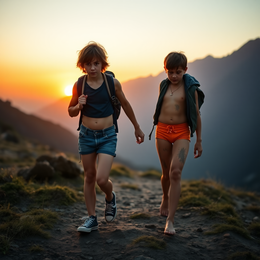 A top model 14yo teen boy, brunette, long layered haircut with a messy hair, wearing a denim tight booty shorts, a crop top, Black converse all star shoes, with a hiking backpack on his shoulder, he is helping another 14yo teen boy to walk back to his camp. The second boy is wearing tight orange briefs, he is dirty, covered with mud, barefoot. They are walking in the mountain, at sunset. Both of the boys are looking at the camera. long legs, bare thighs. Vintage photograph, 1980s.