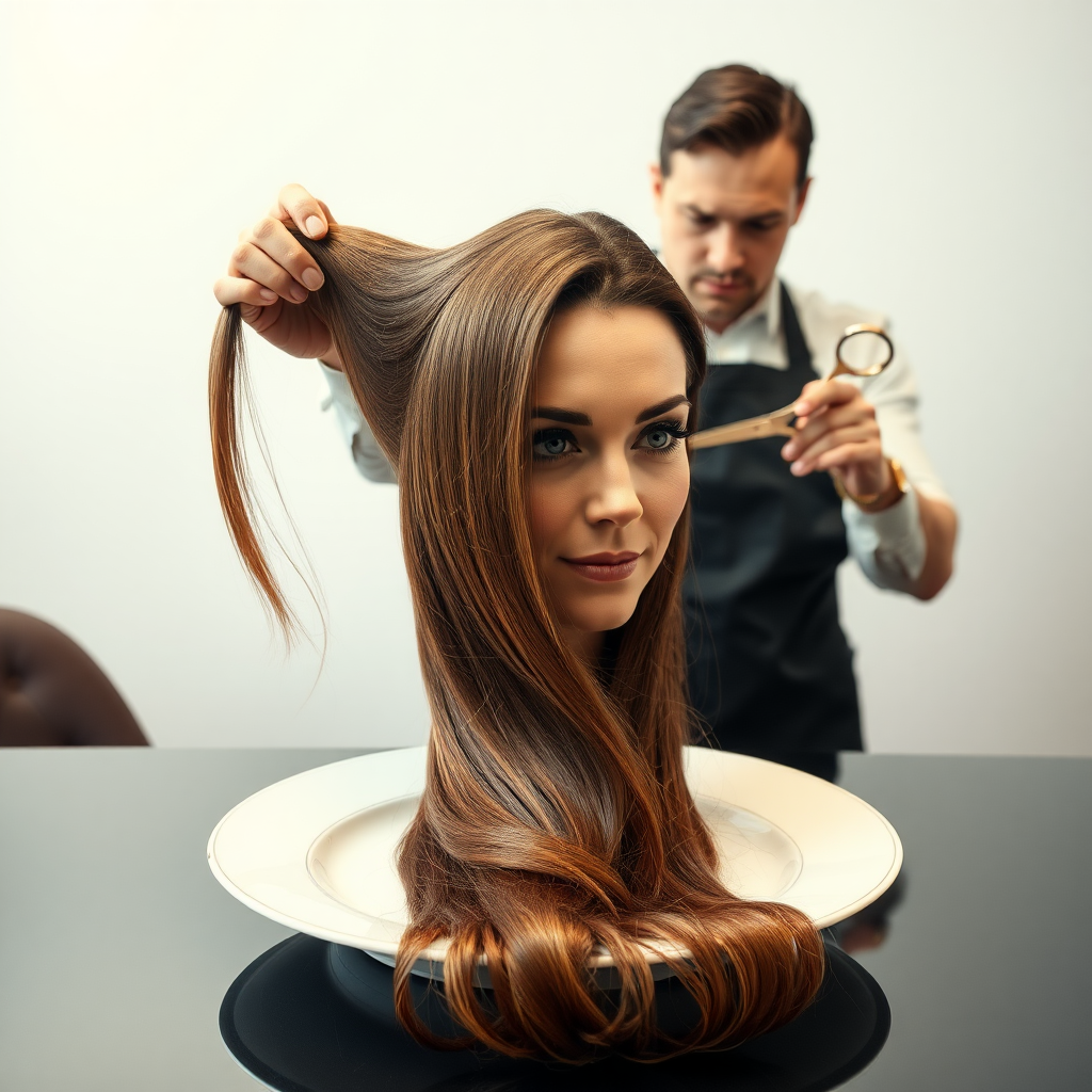 In a bizarre, surreal tableau, the polished surface of an elegant dining plate cradles the disembodied head of a strikingly beautiful Kate Middleton, her long, flowing hair cascading like a glossy waterfall of deep chestnut and honey highlights. The hair is luxuriously arranged, strands shimmering under the soft, ambient light that bathes the scene in an ethereal glow.

A skilled hairdresser, clad in a sleek black apron, stands poised with a pair of gleaming scissors, carefully trimming the endlessly luxurious locks that frame Kate's serene, almost ethereal features. The air is thick with the scent of salon products mingling with delicate hints of floral fragrances, creating an unusual yet strangely inviting atmosphere. The hairdresser's focused expression reveals a meticulous dedication as snippets of hair fall gracefully onto the pristine plate, echoing a sense of both artistry and absurdity.

The overall emotional tone conveys a dreamlike quality, inviting viewers to ponder the juxtaposition of beauty, identity, and the bizarre circumstances that bind them in this extraordinary moment.