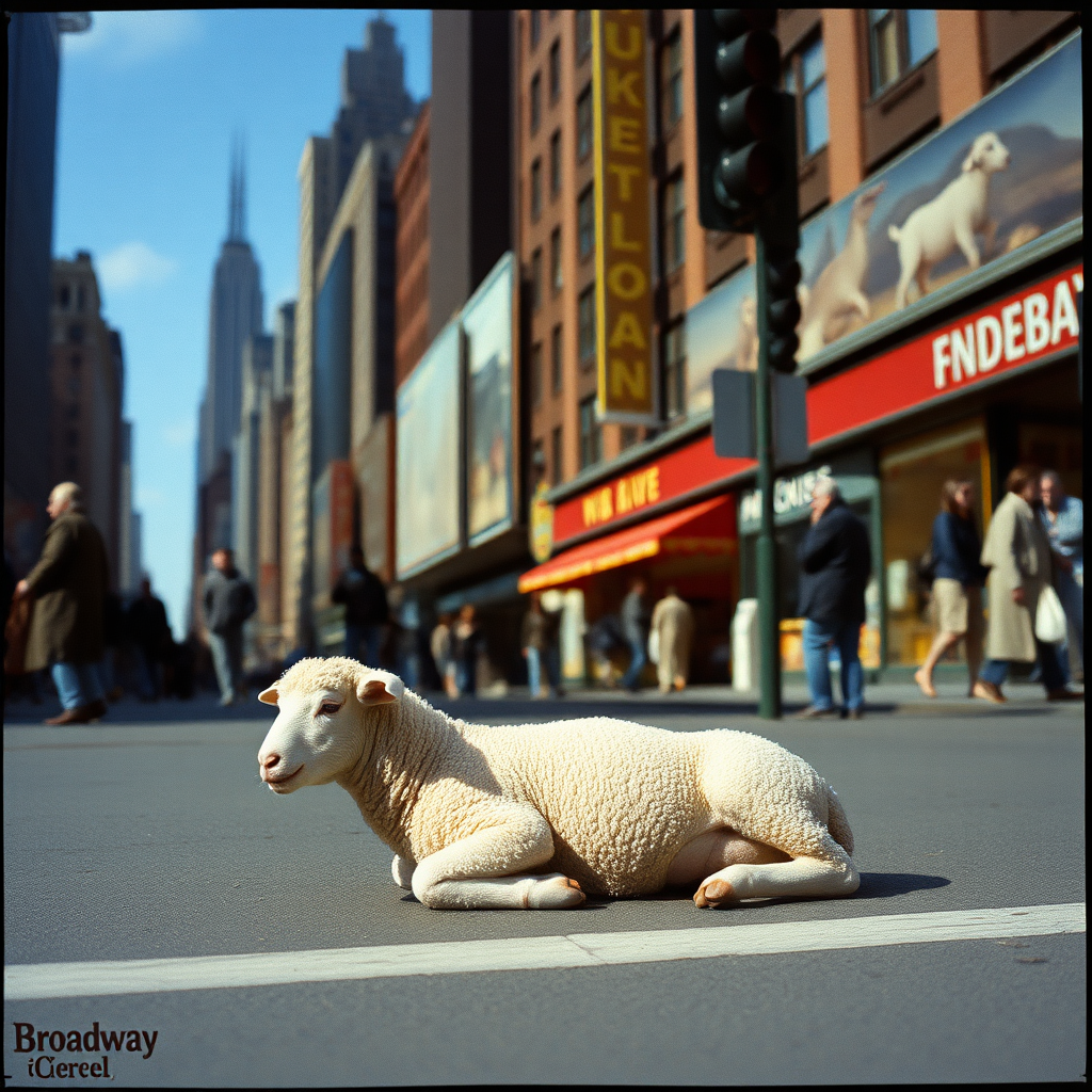 highly detailed Kodachrome color real photograph from 1974 of And the lamb lies down on Broadway The lamb seems right out of place The Broadway street scene finds a focus in its face Somehow it's lying there Brings a stillness to the air