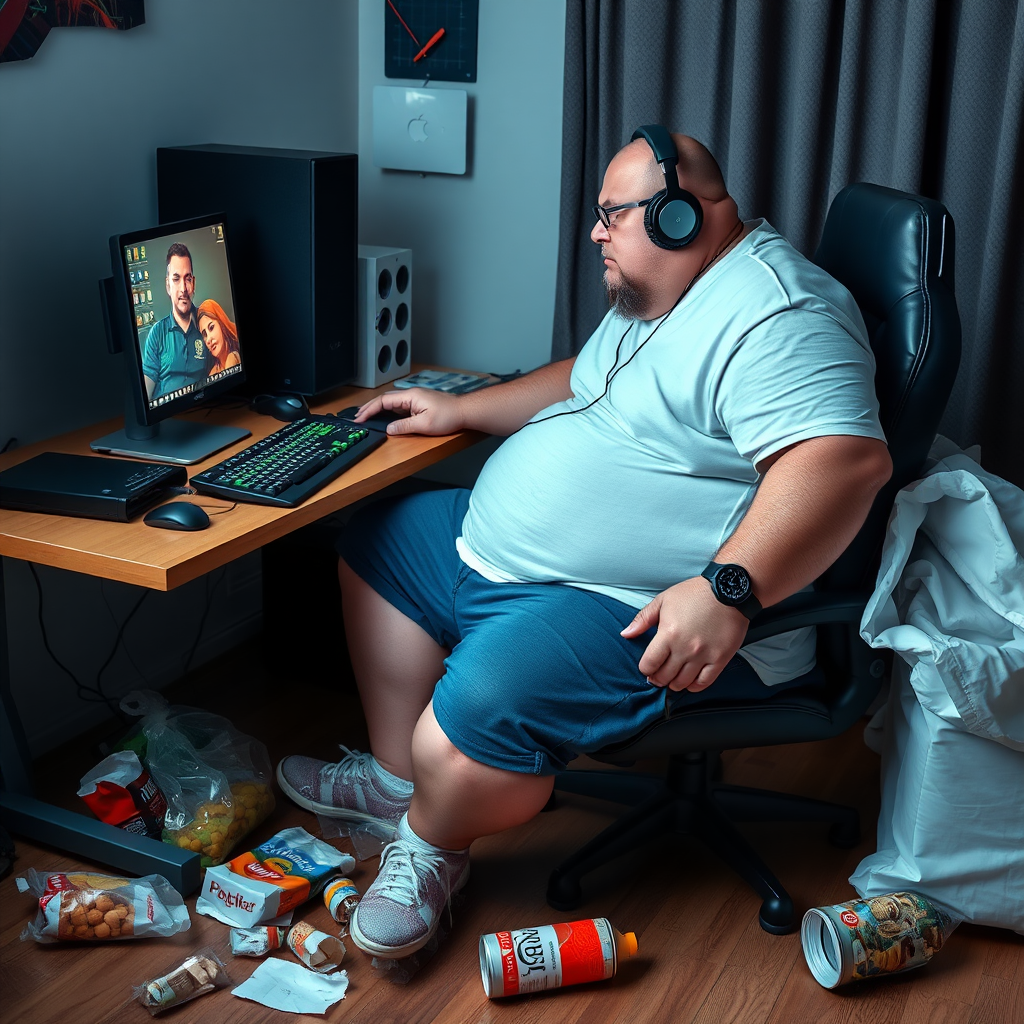 A photo of a lazy and obese man wearing headphones sitting at his gaming computer desk, food and drink trash is littered around the floor.