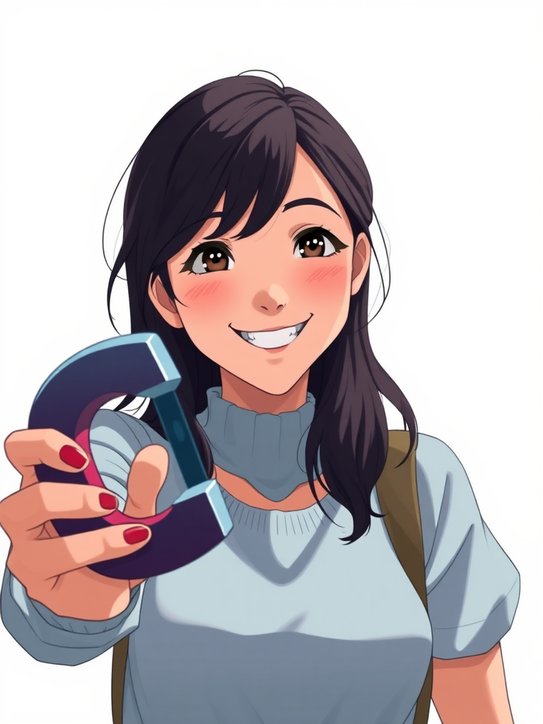 a woman, smiling, holding a magnet, and trying to attract something with it, full-shot, perspective view, anime wallpaper, breathtaking realistic, inspired by John Henry Kingsley, miyazaki's animated film, john stephens, centered, white background.