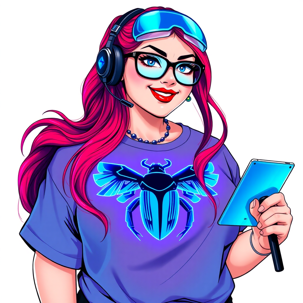 A cyberpunk vigilante’s full-figured intelligent and tech-savvy 29-year-old girlfriend, who is a computer hacker and tech genius. She has a long ruby red ponytail and bright blue eyes. She wears a sapphire beetle gemstone necklace, and an oversized Maximum Blue (RGB 71, 171, 204) t-shirt featuring a giant neon blue glowing chest icon of a winged beetle. She has a full-figured physique with a prominent, gargantuan, round midsection, reflecting her well-cared-for lifestyle. The midsection is heavily emphasized. She sports a sapphire headset with hi-tech Maximum Blue (RGB 71, 171, 204) lensed HUD visor, Maximum Blue (RGB 71, 171, 204) lipstick, black eyeglasses, and a beaming smile with a passionate bright red blush. Despite her figure and a lack of self-esteem, she radiates an air of beauty. She has an angular face which contributes to her radiant beauty. She serves as his tech expert from his hideout, holding a holographic tablet and a hi-tech tool wrench. The background is solid white. She is drawn as if she was in a retro 2D cyberpunk fighting game. Make sure her shirt covers her round midsection.