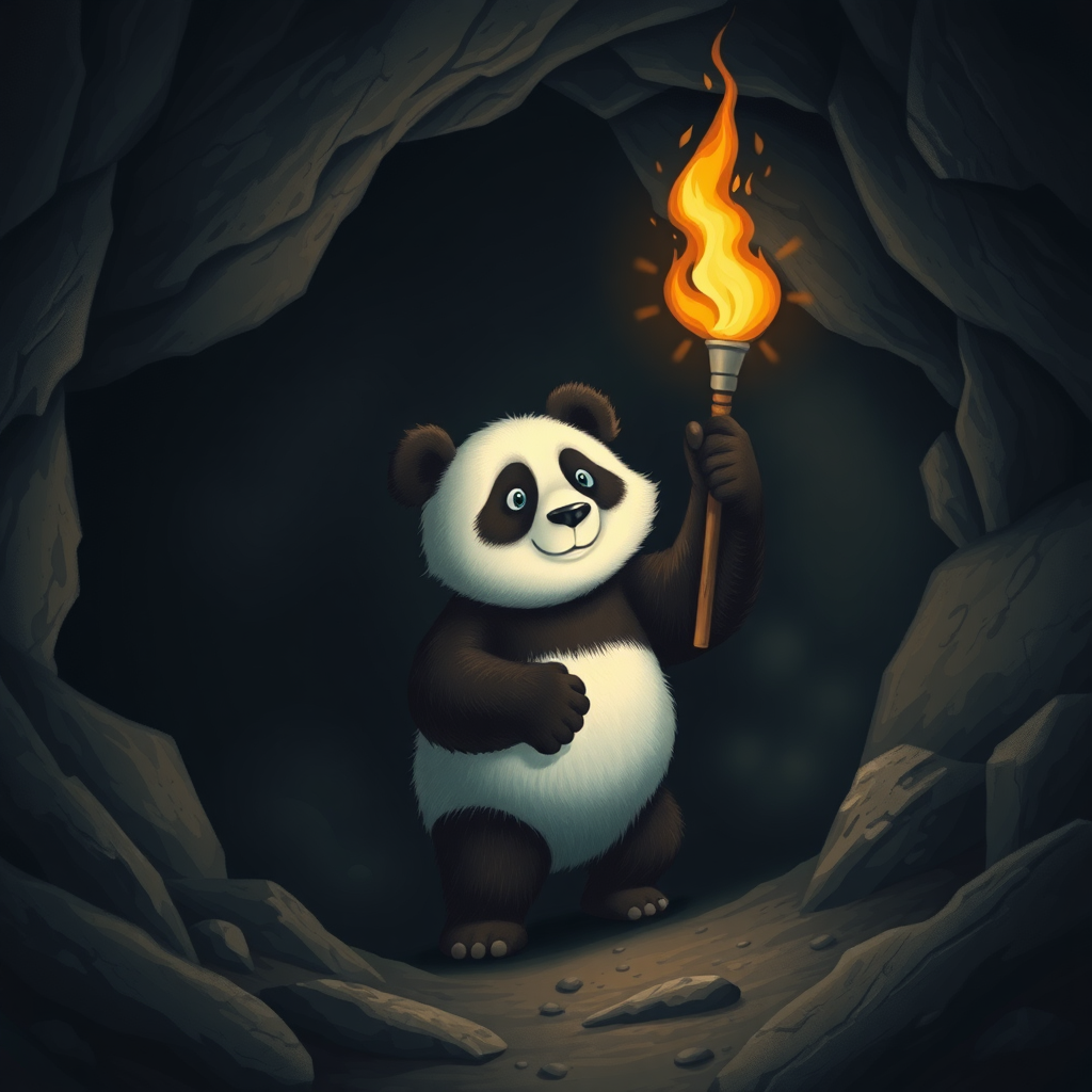 A photorealistic picture of a panda bear holding a torch while exploring a dark cave.