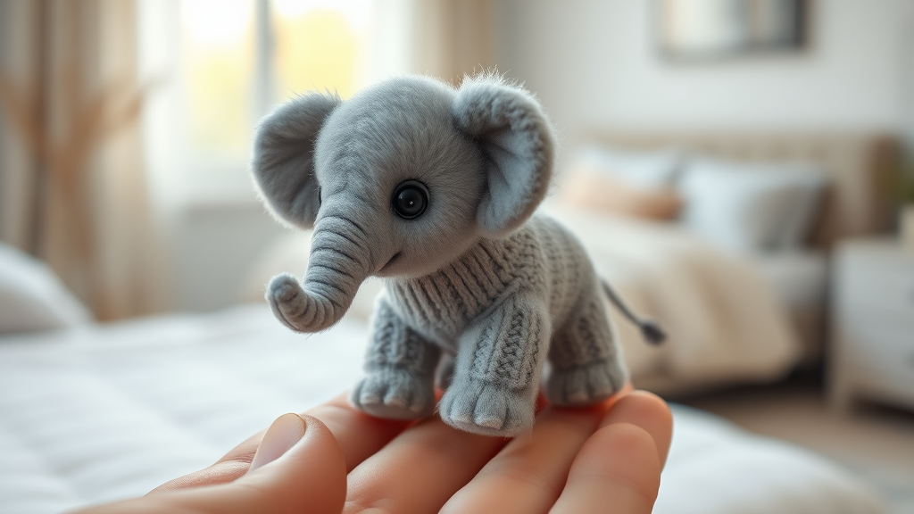 Prompt for Art Generation: "Create an ultra-realistic, high-definition image of a miniature fluffy elephant. The elephant should be incredibly small, fitting perfectly in a person's fingertips, with big, round, expressive black eyes. The elephant is wearing a little sweater, giving it an extra cute and cozy look. The setting should be a soft, cozy bedroom with a neutral palette, blurred in the background to highlight the adorable tiny elephant. Ensure the image captures the elephant's cuteness and the softness of the setting, with soft lighting coming through a large window in the background."