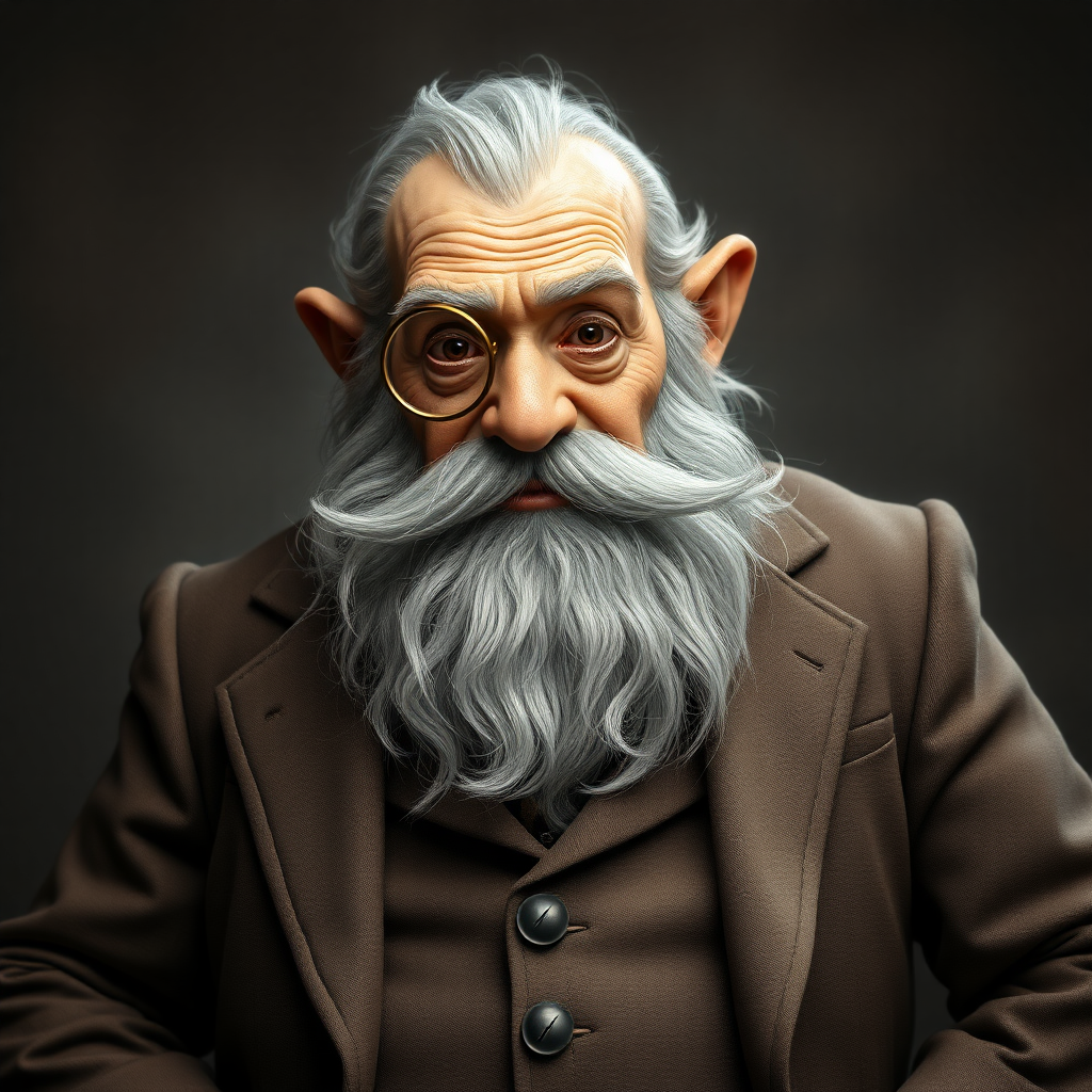 an old dwarf dressed in an elegant taupe grey suit wearing a monocle, heroic fantasy. photorealistic, ultra high resolution, 16K