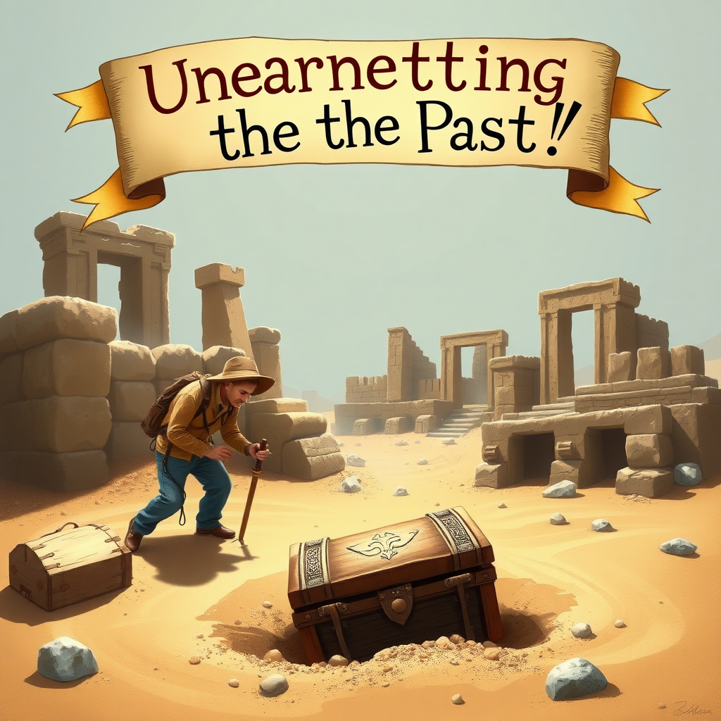 An imaginative scene depicting an archaeologist discovering a treasure chest buried in the sand, surrounded by ancient ruins, with a whimsical banner overhead reading, "Unearthing the Past!"