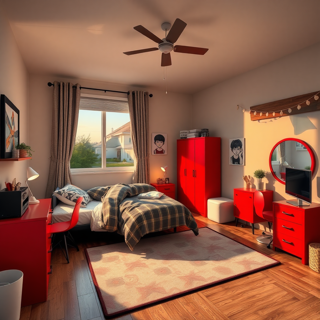 bedroom with red and black furniture, suburban, teen boy, afternoon