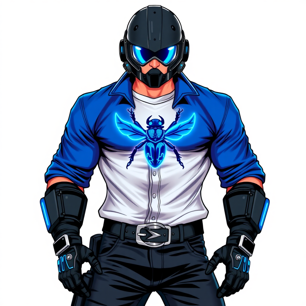 A 28-year-old hi-tech cyberpunk vigilante stands heroically, clad in hi-tech, maximum blue leather shirt featuring a neon blue beetle on the chest. He wears black biker pants, a black belt with a sapphire beetle buckle, and a helmet resembling a sleek, tactical design, but colored maximum blue with neon blue glowing lenses. Their hands are protected by black metal gloves, all set against a solid white background. He is drawn as if he was in a retro 2D cyberpunk fighting game.