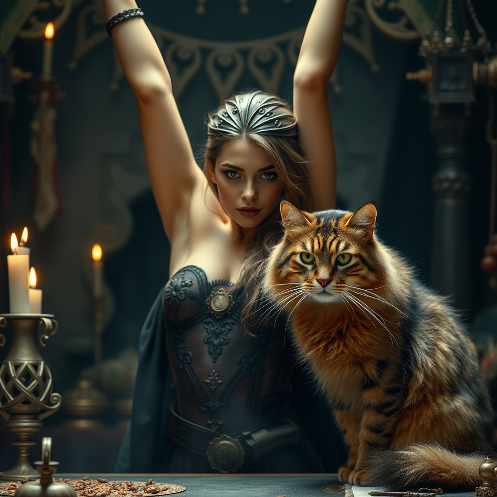 Imagine: A perfectly staged scene of sorcery and companionship filled with hundreds of little details. Within there is a terrifying sorceress looking lovely and irresistible. Her physique is preternaturally perfect. Staring directly into the eyes of the viewer. Arms up high. She has a brown Siberian Cat as a familiar.