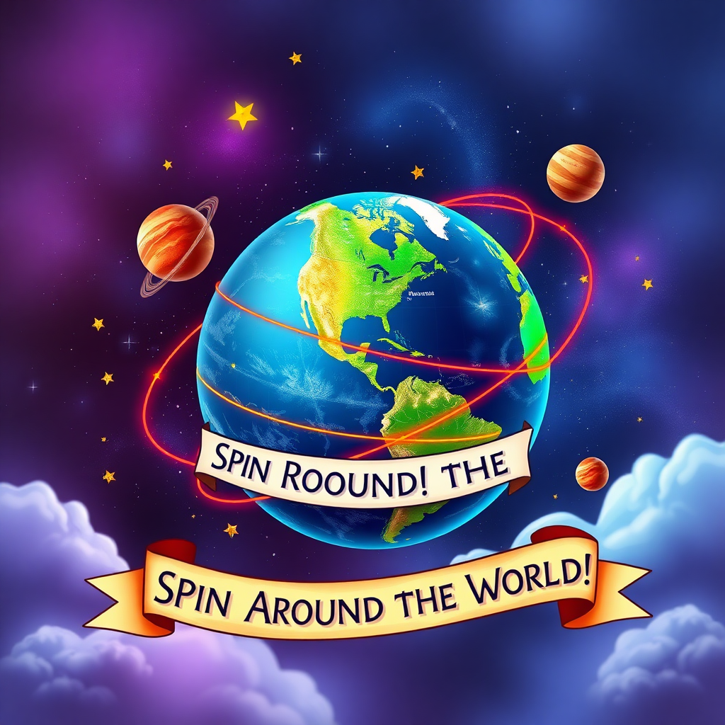 { An imaginative scene showing a globe with vibrant lines illustrating its axis, surrounded by stars and planets, with a banner saying, "Spin Around the World!" }