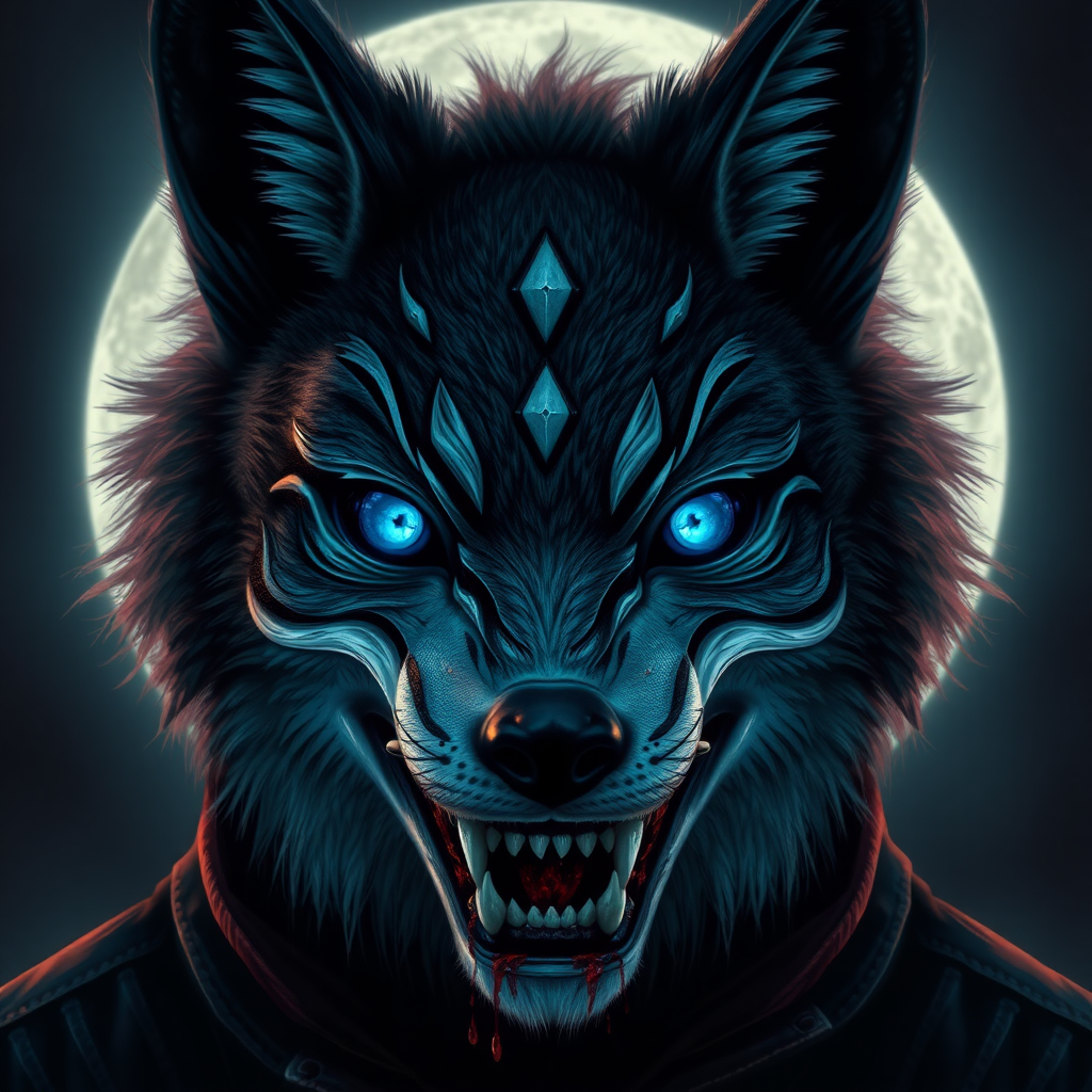 photorealistc style eerie-looking kitsune-silverfox mask with blue eyes with baring teeth with blood on the fox teeth, in front of the full moon