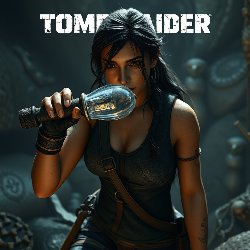 Tomb raider, Unreal engine style,  Lara Croft finds an ancient dildo relic.