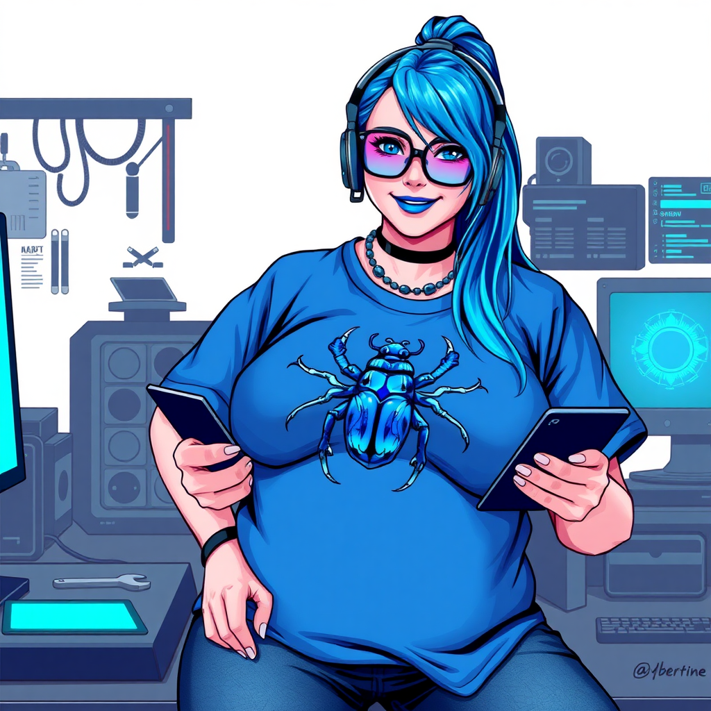 A cyberpunk vigilante’s full-figured intelligent and tech-savvy 28-year-old girlfriend, who is a computer hacker and tech genius. She has a long maximum blue ponytail. She wears maximum blue lipstick, bright blue eyes, a sapphire beetle gemstone necklace, sapphire earrings, black eyeglasses, and an oversized maximum blue t-shirt featuring a blue sapphire gemstone crusted chest icon of a beetle. She has a full-figured physique with a prominent, massive, round belly, reflecting her well-cared-for lifestyle. She sports a sapphire headset with a hi-tech maximum turquoise lensed HUD, and a shy smile with a neon red blush. She serves as his tech expert from his hideout, diligently working at her workbench and computer desk, while holding an electronic wrench and a holographic computer tablet. The background is solid white. She is drawn as if she was in a retro 2D cyberpunk fighting game. Ensure her maximum blue t-shirt covers her belly.