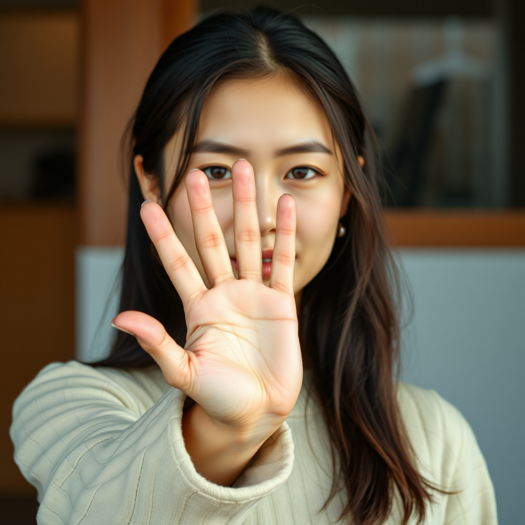 photorealistic Korean woman holds her outstretched hand palm up to eye level