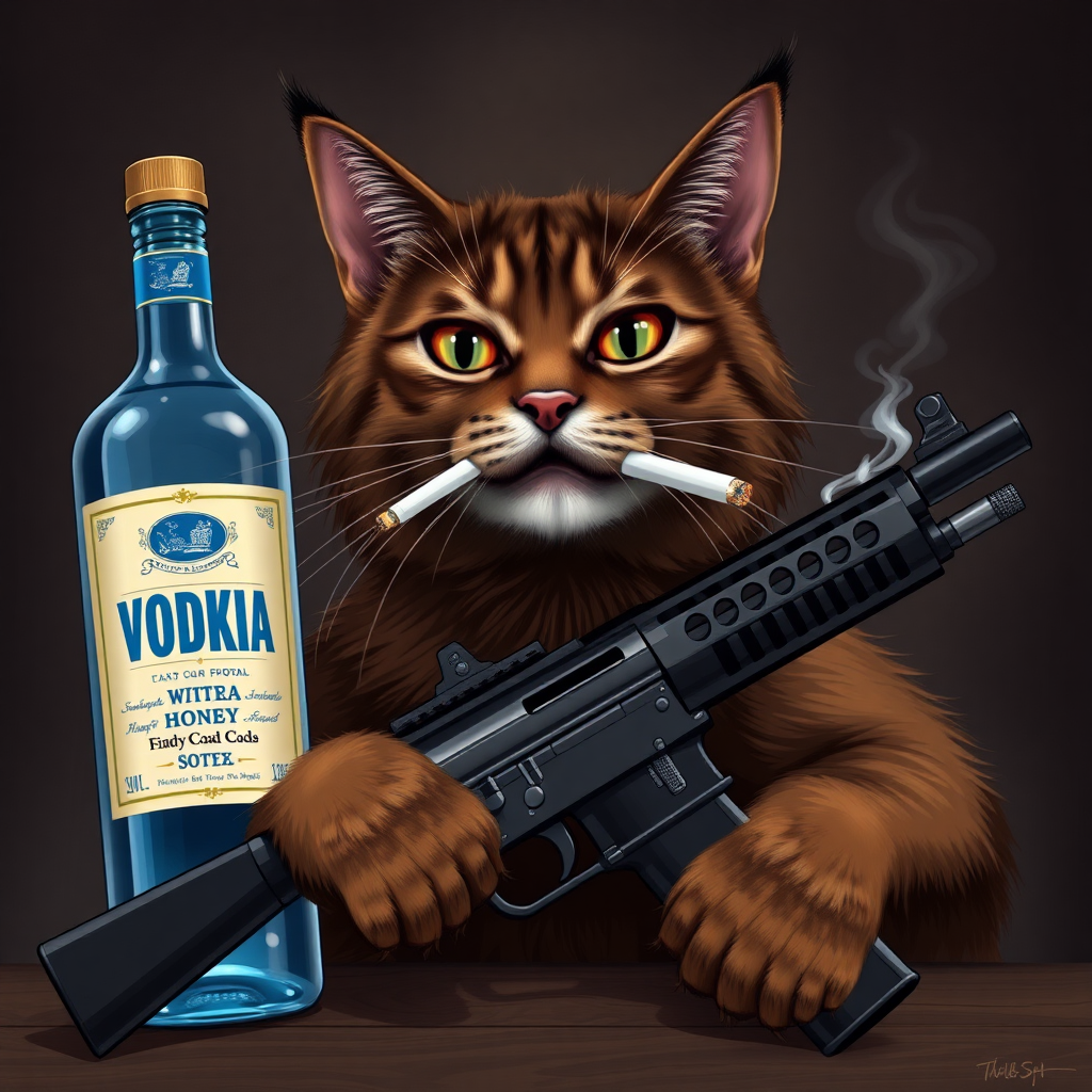 A dark brown cat with a bottle of vodka, a gun, and a cigarette in its mouth.