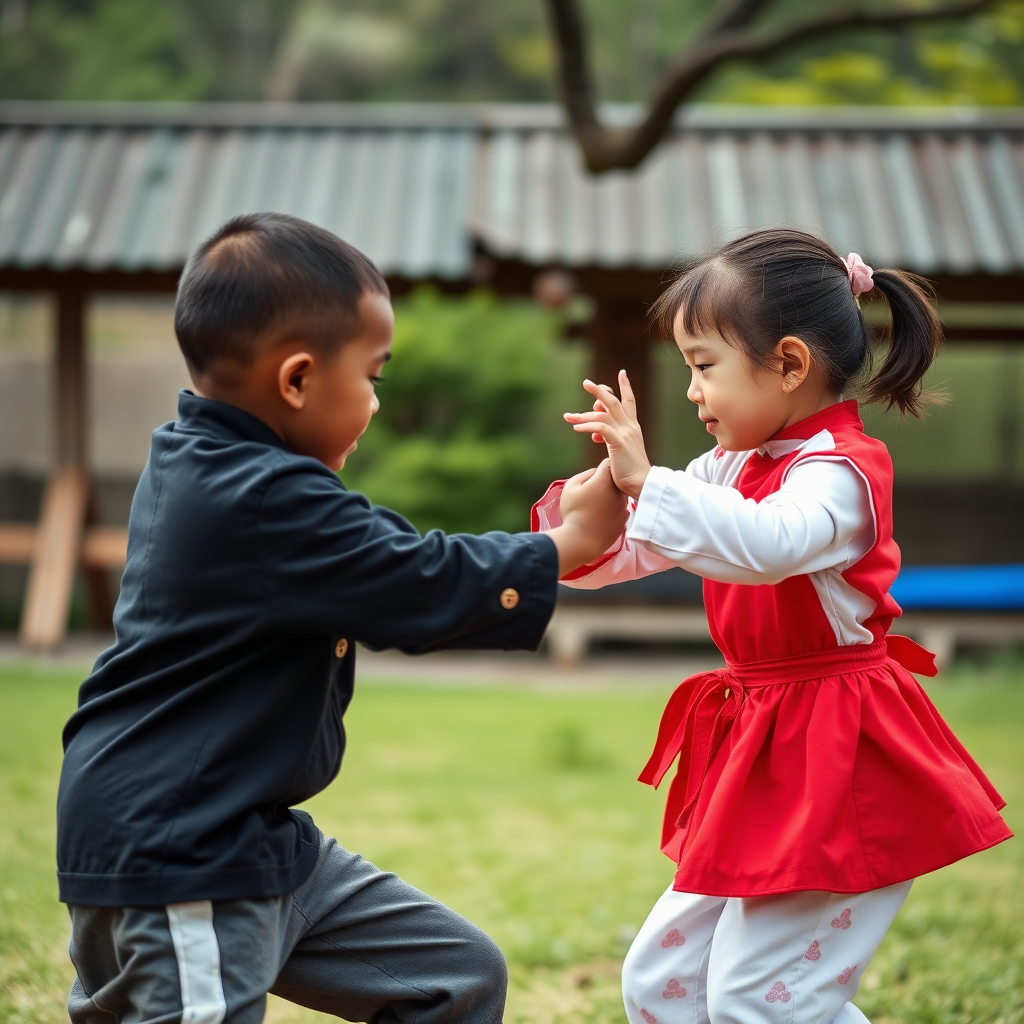 Little white girl kung fu fight against little black kid