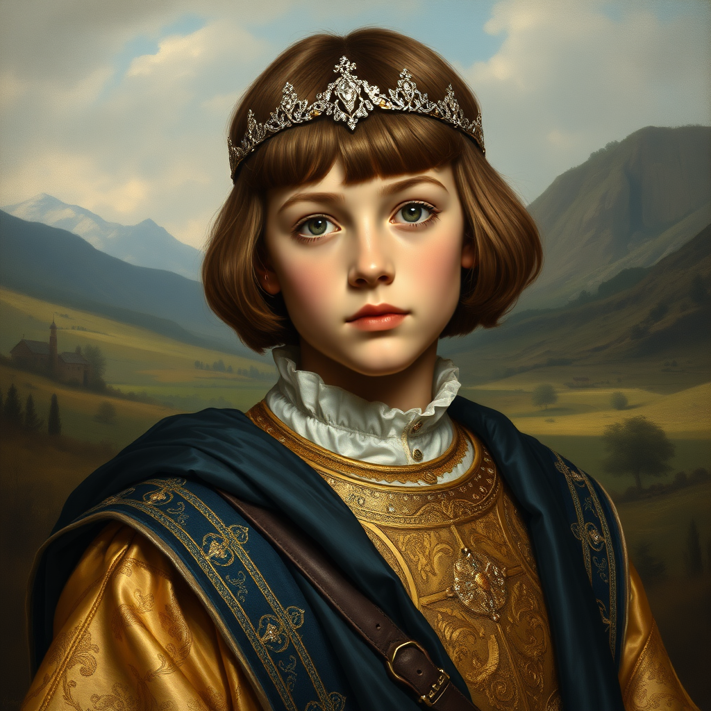 16yo teen boy prince, long bob cut, embroidered with gold and diamonds medieval cloths, diamond diadem, and Beautiful War. Free style by Adolphe William Bouguereau, Academic realism. The background is in the style of landscape style by Antonio del Polaiolo, Generating the signature at the bottom: Viva FLUX & Bach, ultra high resolution, 16K,