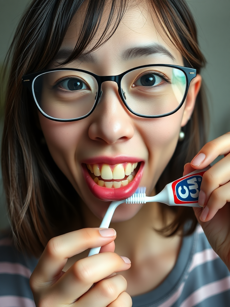 real casual photo, japanese nerdy skinny woman with big nose, big mouth, big yellowish teeth, moles, big eyeglasses and medium hair, retarded, she is putting a toothpaste called "CUM" on her toothbrush