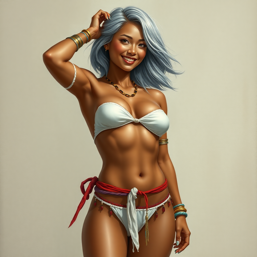 Uncommonly tall for a woman; being 6' (183cm) tall. She has brown skin and short flowing silvery hair. She is barefoot and has long, powerful legs. She has abs and is muscular. Her fingers and toenails are painted sky-blue. Her attire consists of a white primitive scant revealing two-piece bikini-like outfit with pale red, sky-blue, gold and purple bands on her neck, arms, wrists, shins, and ankles. fantasy painting high contrast, symmetrical proportional asian face. well-drawn, highly detailed, and beautiful rendering. One hand behind head, exposing armpits, joyful smile, exaggerated tilted sexy pose.