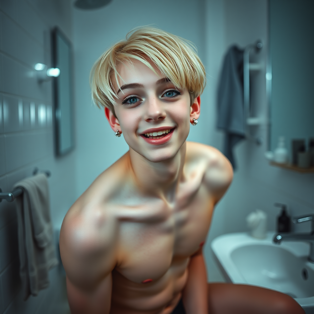 photorealistic, ultra high resolution, 16K, surreal fantasy, studio lighting, a pretty 14 year old goth boy, slim male physique, short blonde hair, goth makeup, earrings, pantyhose, white ballet shoes, in the bathroom, excited smile, facing the camera.