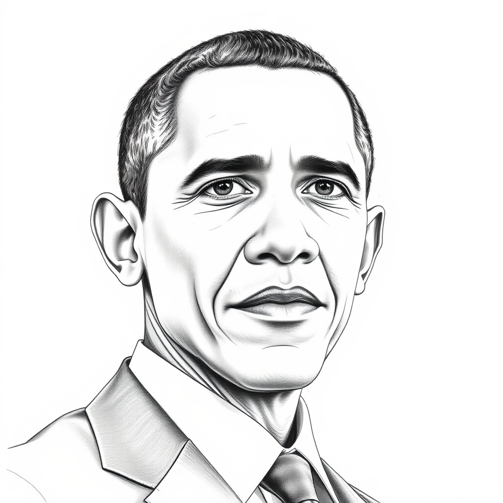 Create a realistic detailed pencil line drawing image of President Obama by a professional sketch artist.