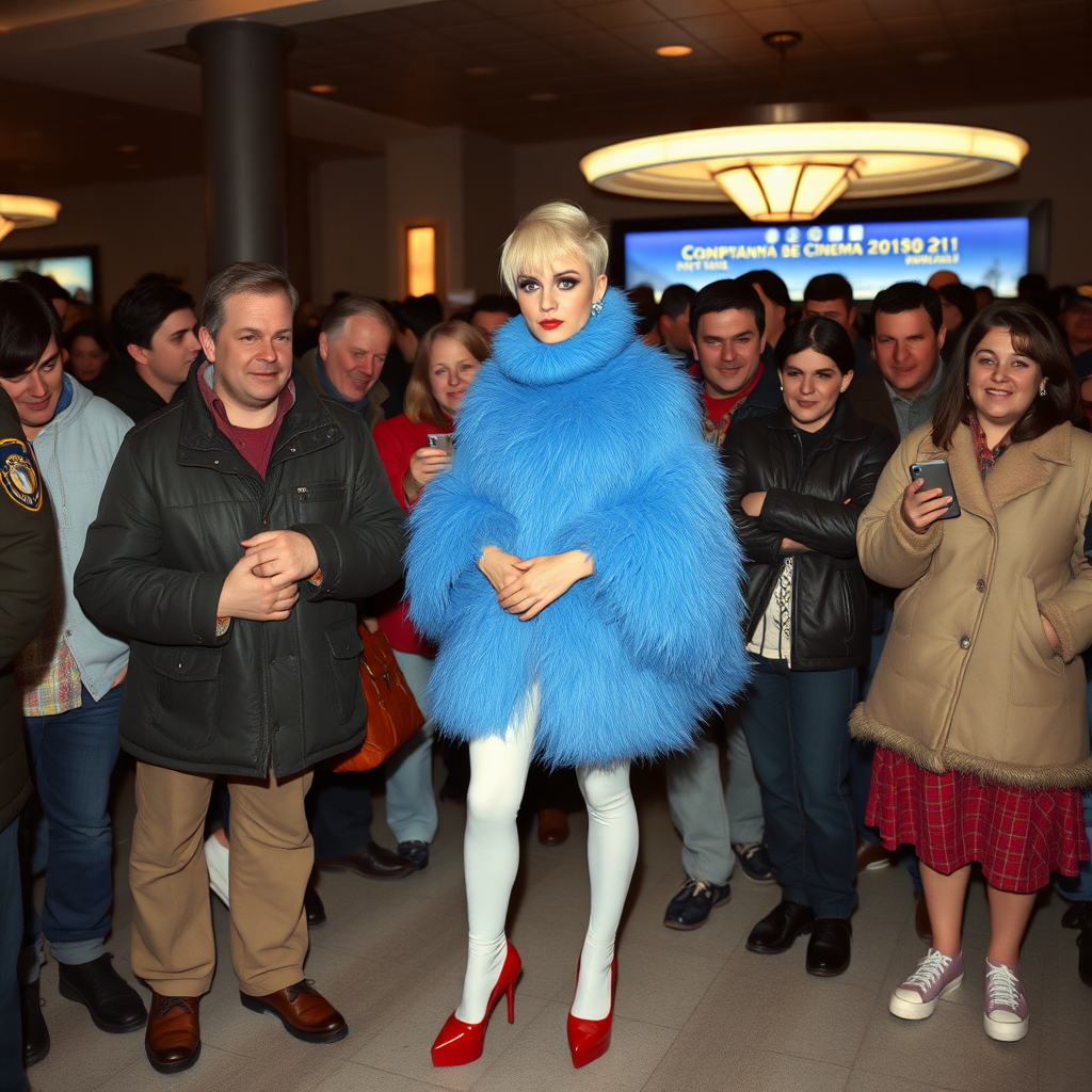 1990 winter afternoon daylight, crowded cinema lobby: Sam, 19 years old beautiful involuntary femboy, rebellious intractable character, short petite boyish figure, platinum blond boyish rebel punk hairstyle, flawless heavily made-up face with sharp arched tattooed eyebrows, wearing Supertanya-style fluffy very fuzzy bright blue angora thigh-length turtleneck-poncho fully covering body and arms, white shiny leggings, red leather high-heeled pumps, silver earrings, puzzled alarmed, pout serious, impatiently waiting for her master. Surrounded by much taller male amused visitors watching laughing taking pictures.