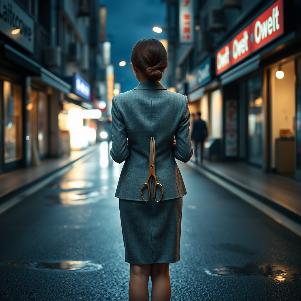 the back of a young Japanese businesswoman.  She wears a grey blazer and a grey skirt and faces the camera.  She holds a pair of long scissors at her side. The lights from the shops in the alleyway glint off of the scissors.  The lights from the shops in the alleyway are reflected in the rain puddles scattered on the asphalt of the ground. It is late at night.