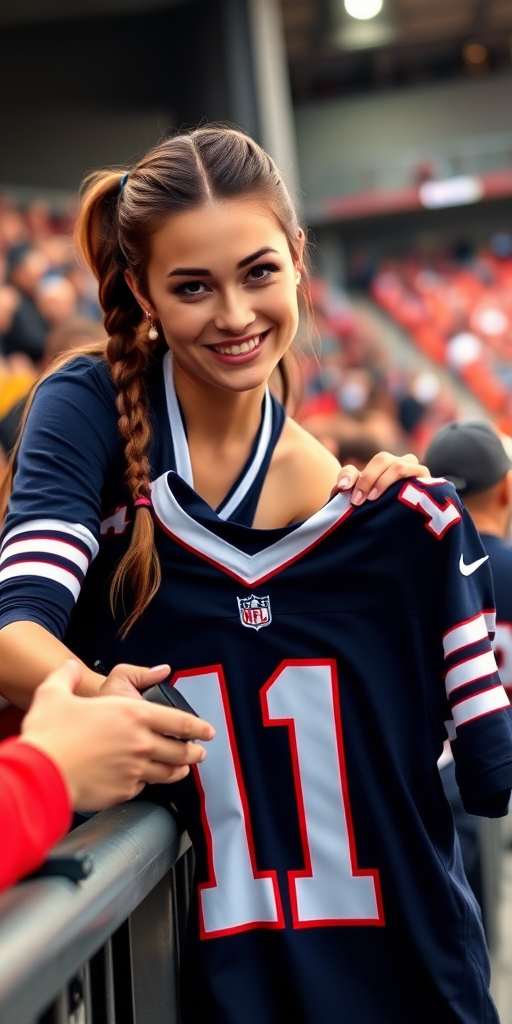 Attractive female NFL fan, pigtail hair, leaning forward over first row stadium barrier, handing a jersey, player autographs it.