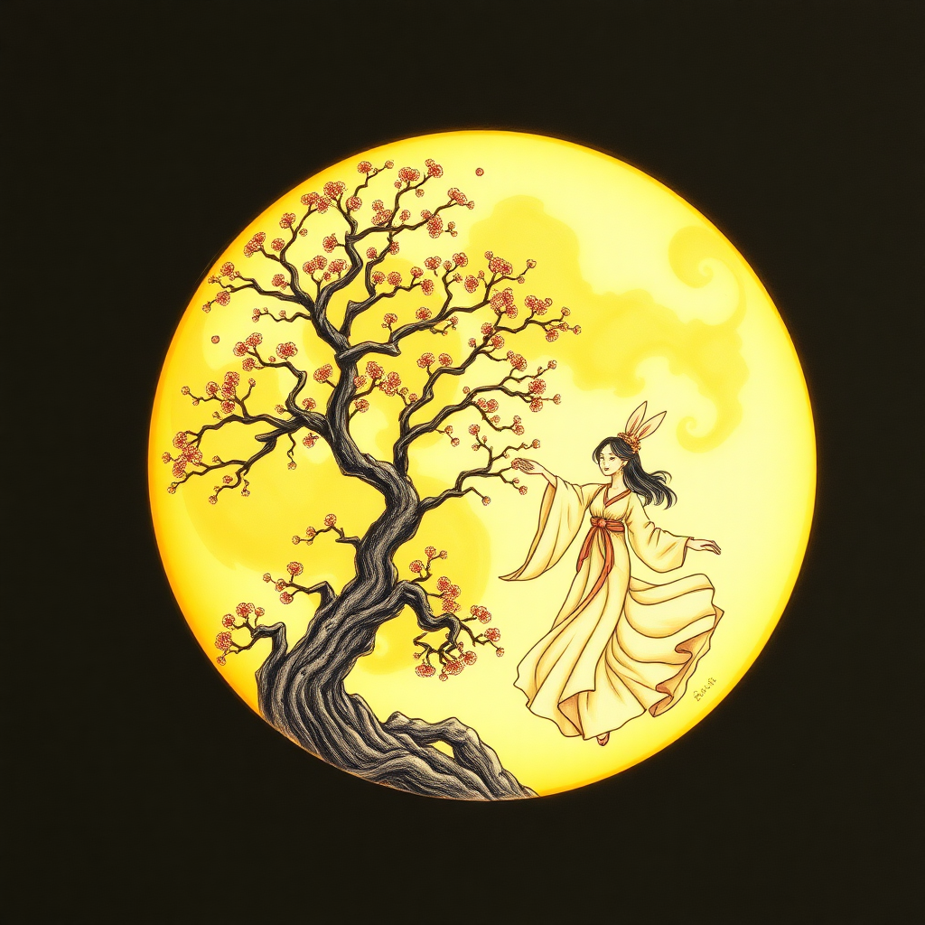 Draw a golden moon, inside the moon there is a tall osmanthus tree, a talking jade rabbit, and Sister Chang'e in a beautiful chiffon dress dancing.