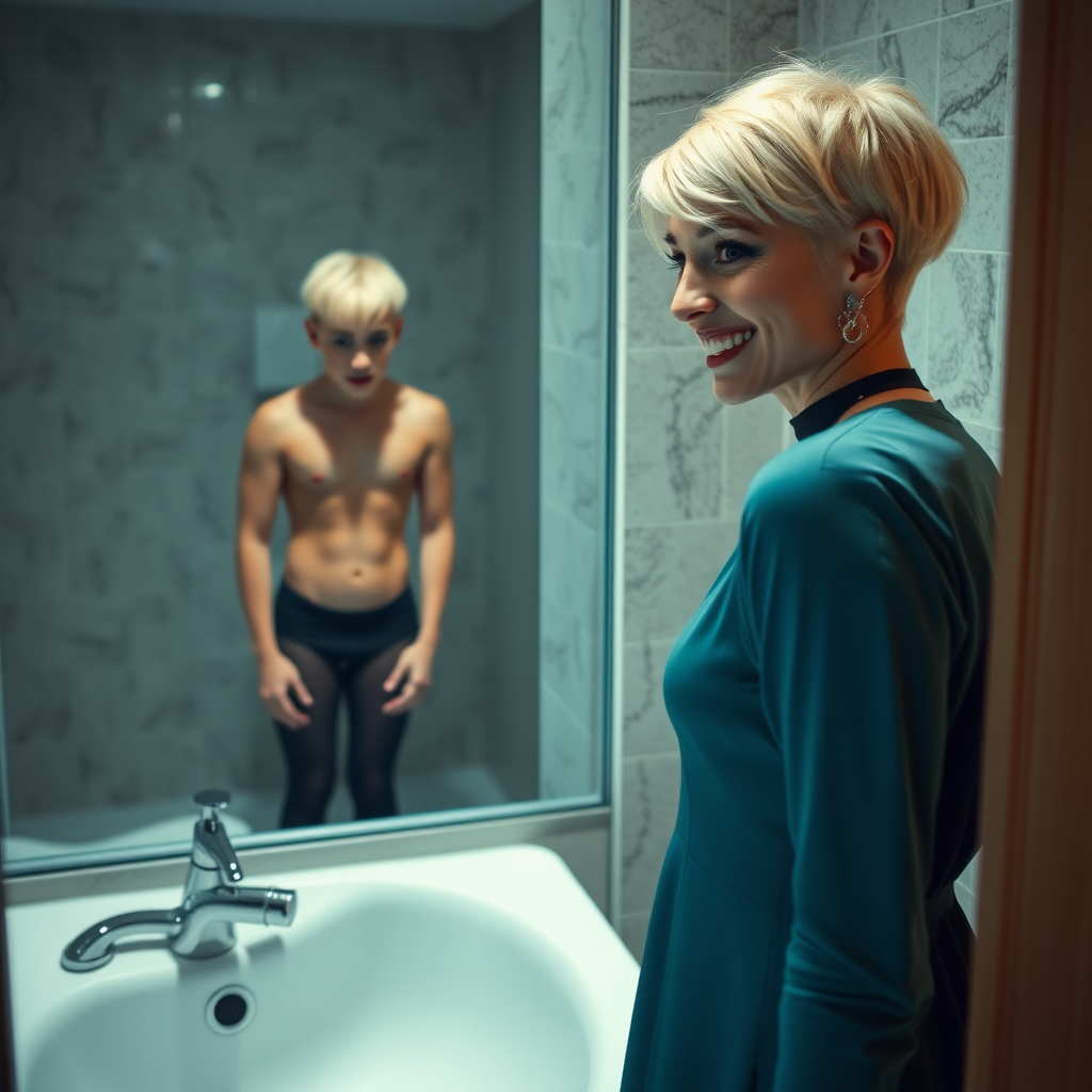 photorealistic, ultra high resolution, 16K, surreal fantasy, studio lighting, a 35 year old mother who is fully dressed for work is watching her pretty 14 year old goth son, slim male physique, short blonde hair, goth makeup, earrings, pantyhose, white ballet shoes, in the bathroom, excited smile, facing the camera.