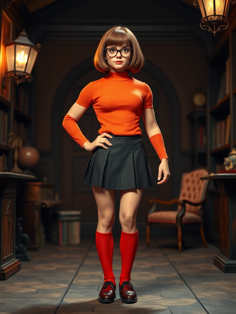 Create a full-length photorealistic image: Character Velma Dinkley possesses an inverted triangle body type of a male bodybuilder. Keep Velma's head intact, maintaining her signature bob hairstyle and glasses. Ensure her iconic costume — orange turtleneck sweater, red pleated skirt, knee-high socks, and Mary Jane shoes — fits this new muscular physique. Background inspired by Velma's mystery-solving world, featuring elements like a spooky library or an ancient mansion. Maintain consistent lighting and detailed surroundings.